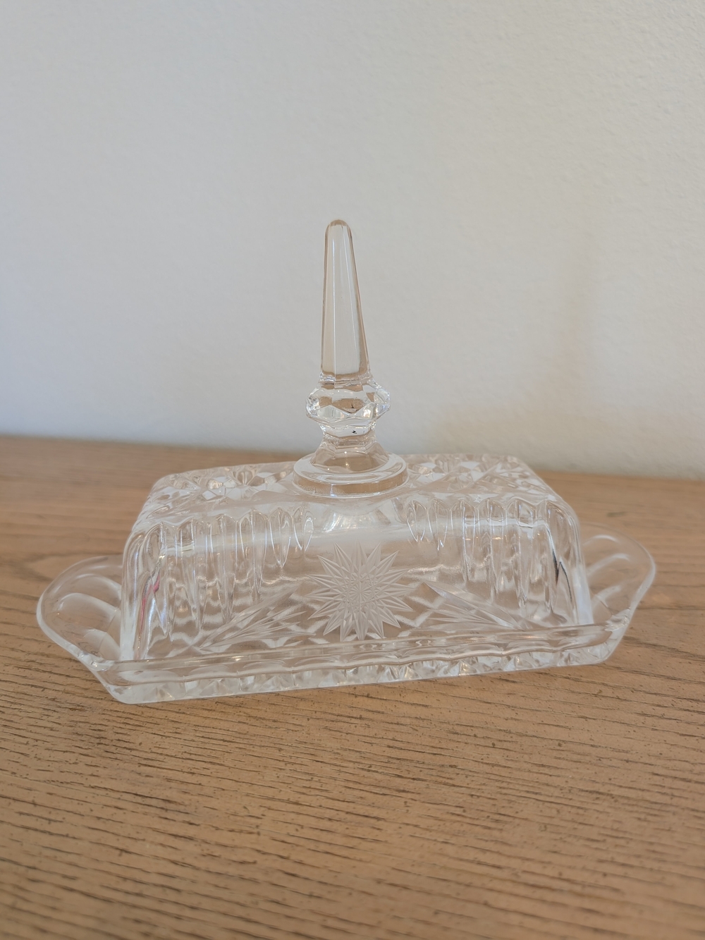 Vintage Glass Covered Butter Dish with Star-Cut Design